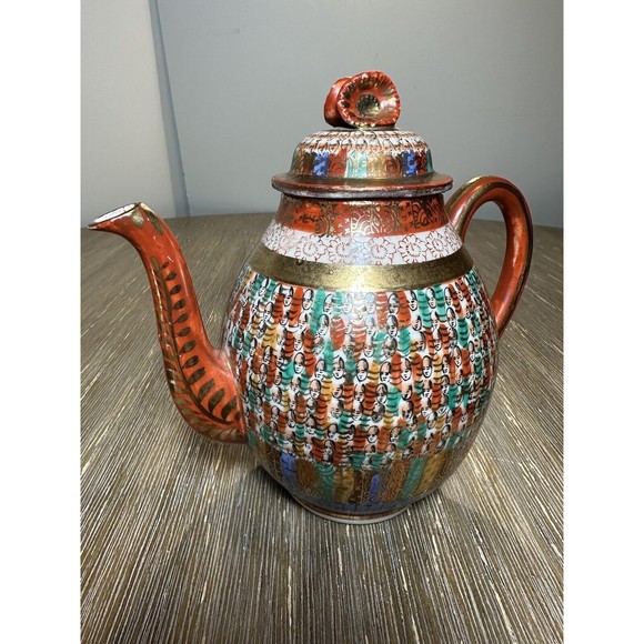 Antique Thousand Faces Kutani Hand-Painted Japanese Teapot, Sugar & Creamer Set - Picture 3 of 12